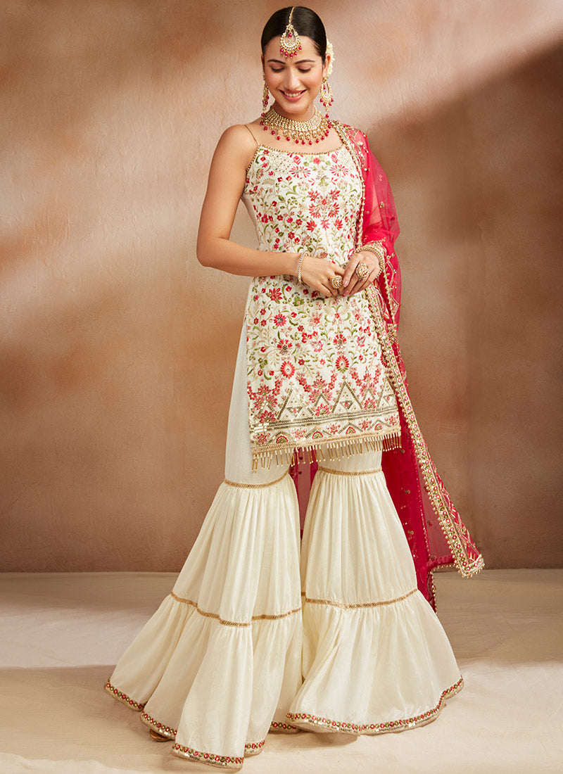 Off White Multicolor Embroidered Gharara Suit
