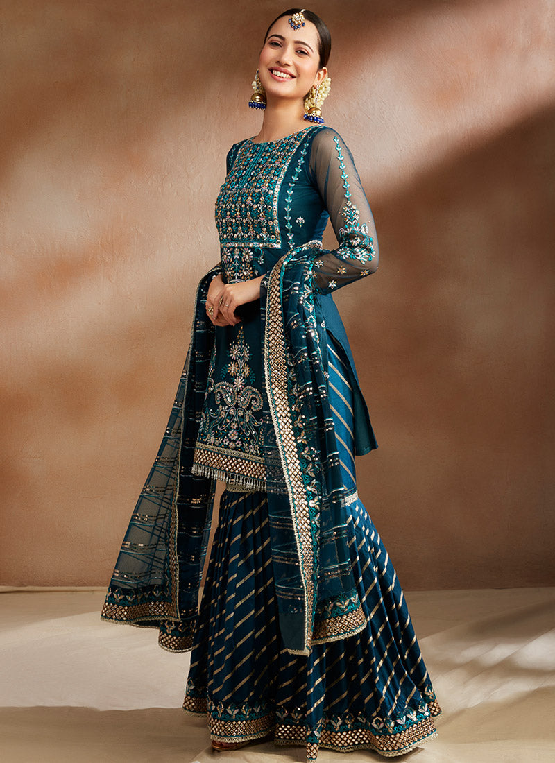 Dark Teal Heavy Embroidered Gharara Suit