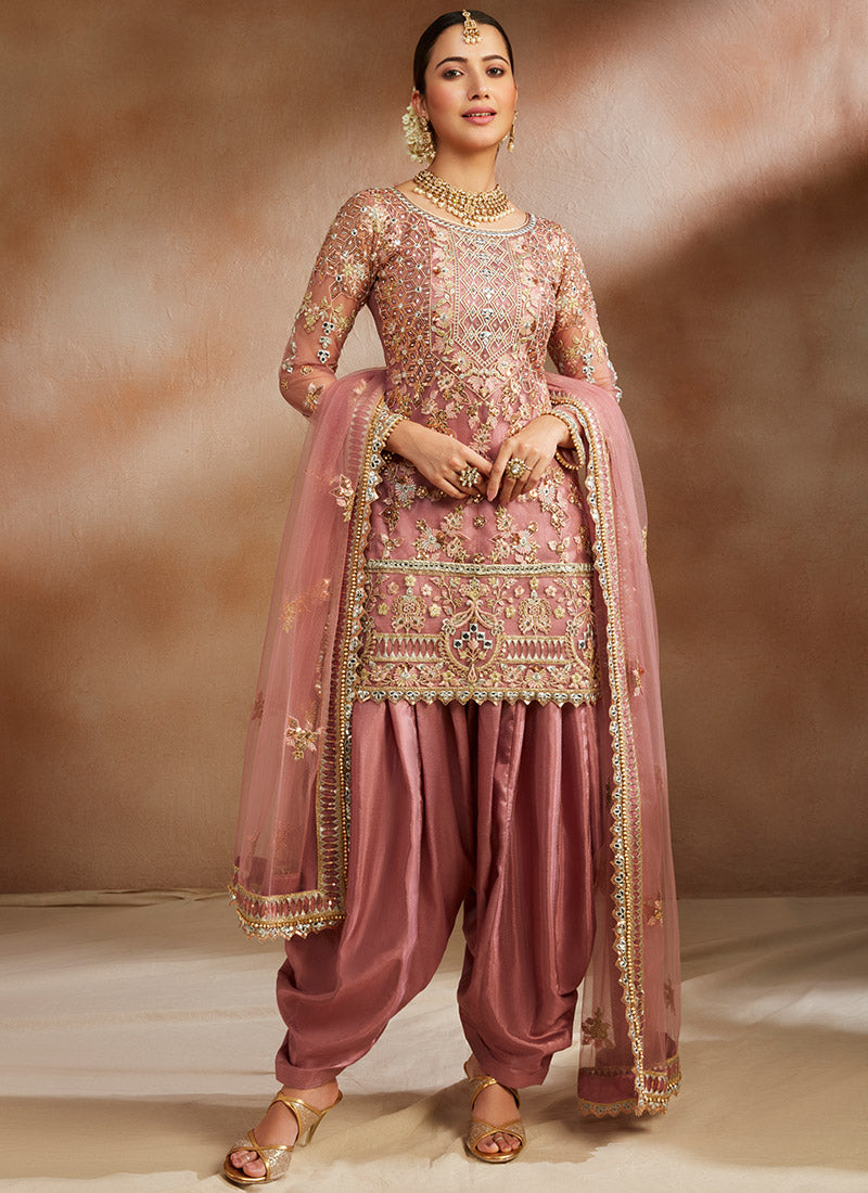 Dusty Rose and Gold Embroidered Punjabi Suit