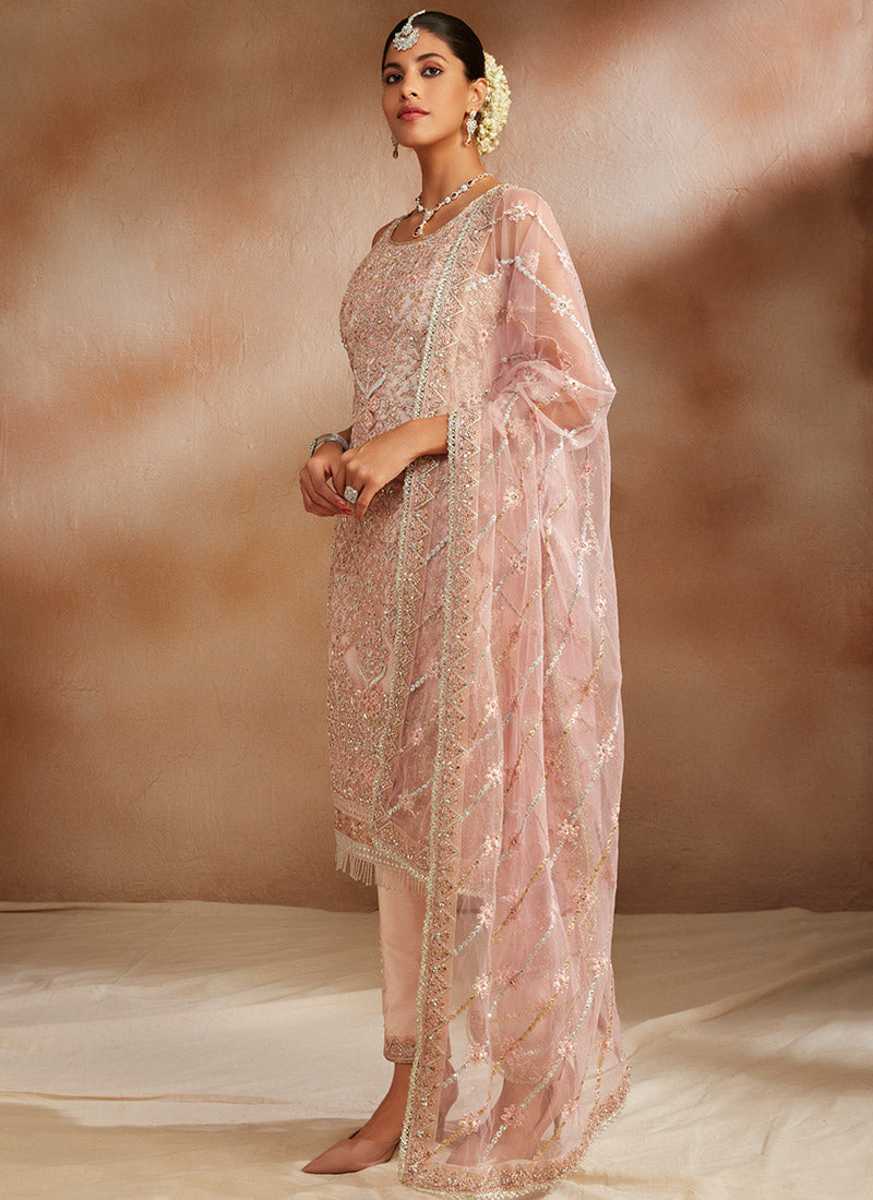 Peachy Pink Embroidered Straight Suit