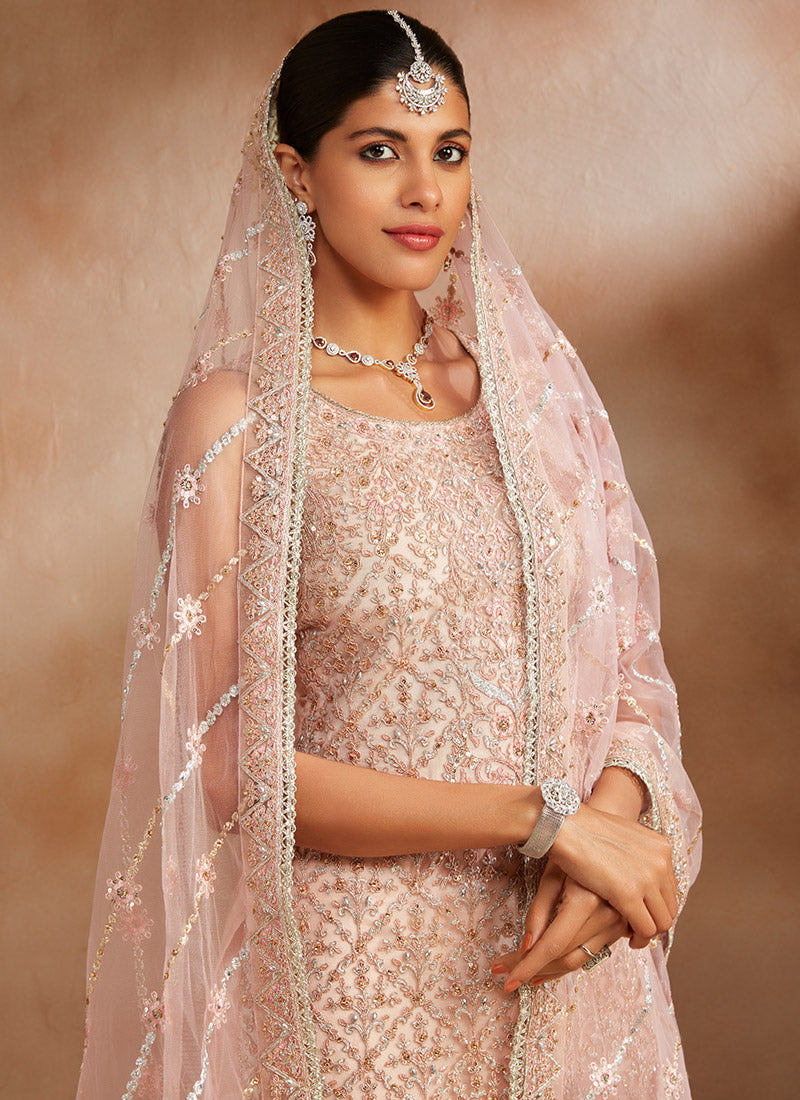 Peachy Pink Embroidered Straight Suit
