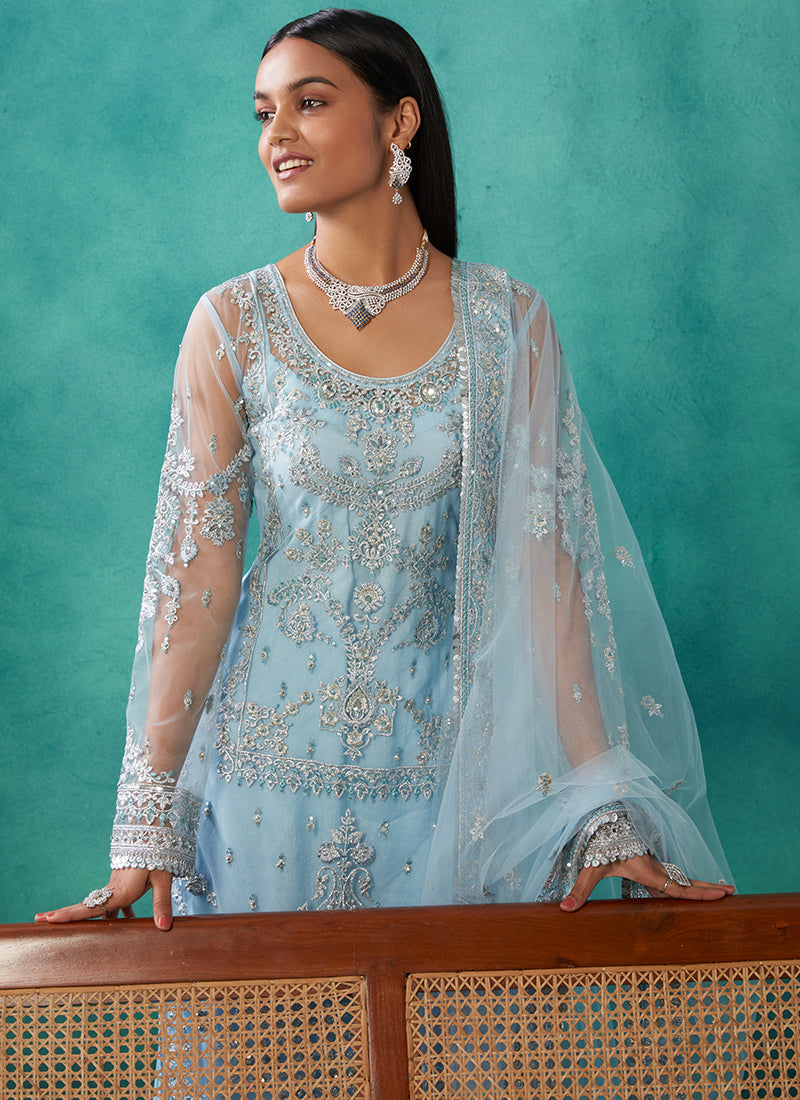 Powder Blue Heavy Embroidered Net Straight Suit