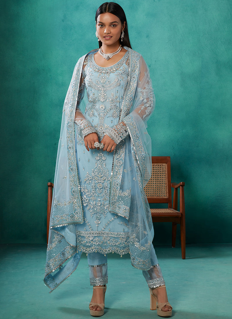 Powder Blue Heavy Embroidered Net Straight Suit