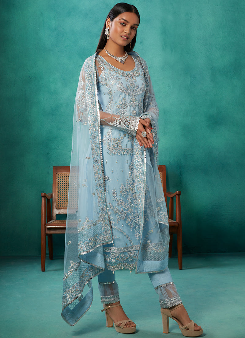 Powder Blue Heavy Embroidered Net Straight Suit