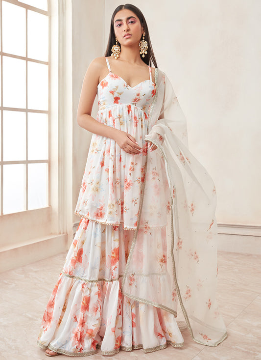 White Satin Georgette Floral Gharara Suit