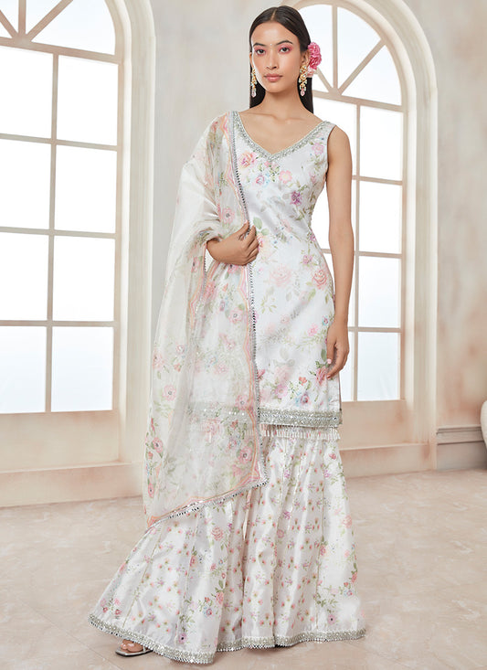 White Silk Floral Gharara Suit