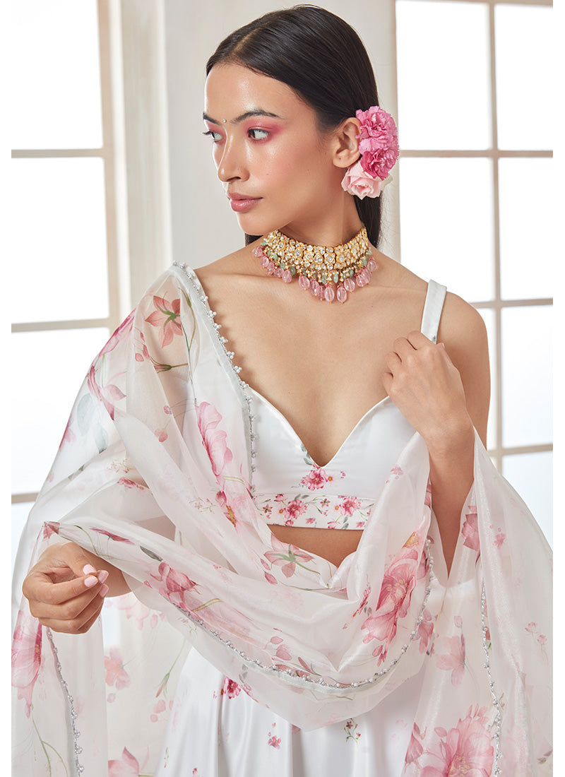 White and Pink Floral Printed Lehenga