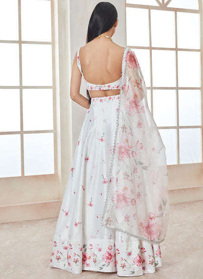 White and Pink Floral Printed Lehenga