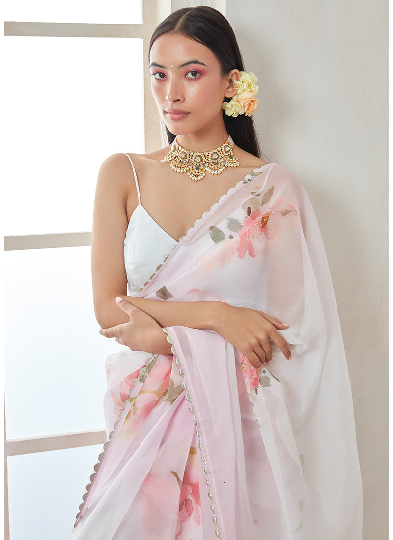 White and Pink Floral Organza Saree