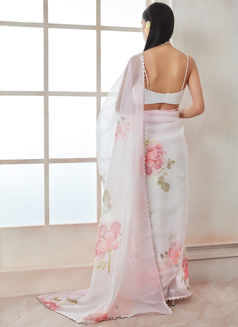 White and Pink Floral Organza Saree