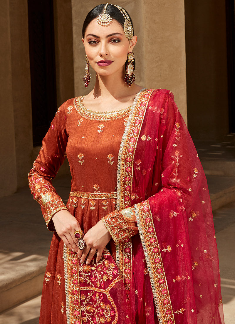 Deep Rust and Hot Pink Embroidered Anarkali