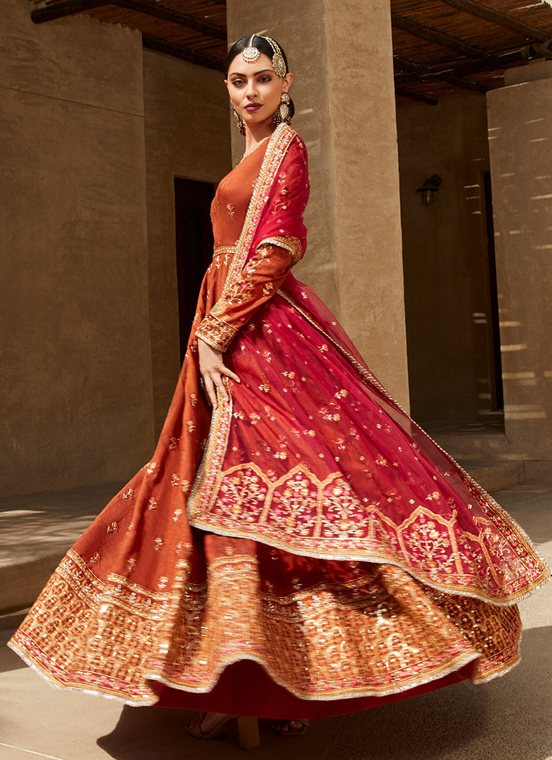 Deep Rust and Hot Pink Embroidered Anarkali