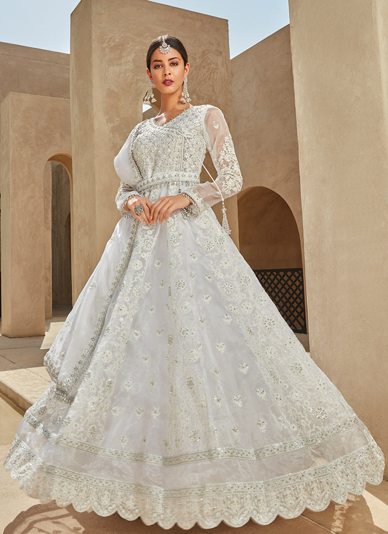 White Thread Embroidered Organza Anarkali