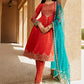 Red Orange and Teal Peplum Style Anarkali