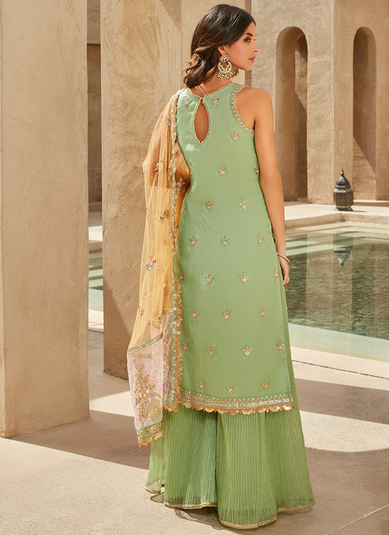 Dusty Green Embroidered Sharara Suit