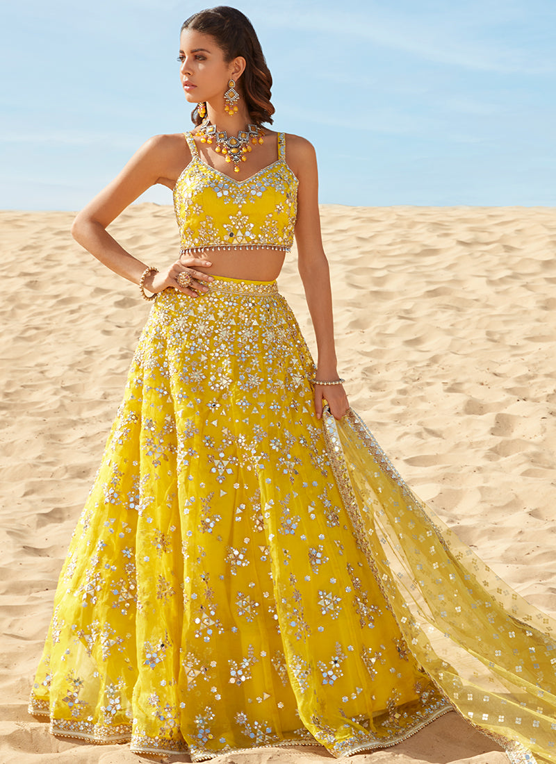 Yellow Mirror Embroidered Organza Lehenga