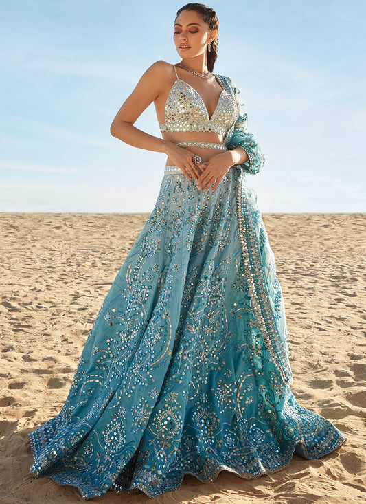 Ombré Blue Mirror Embroidered Silk Lehenga