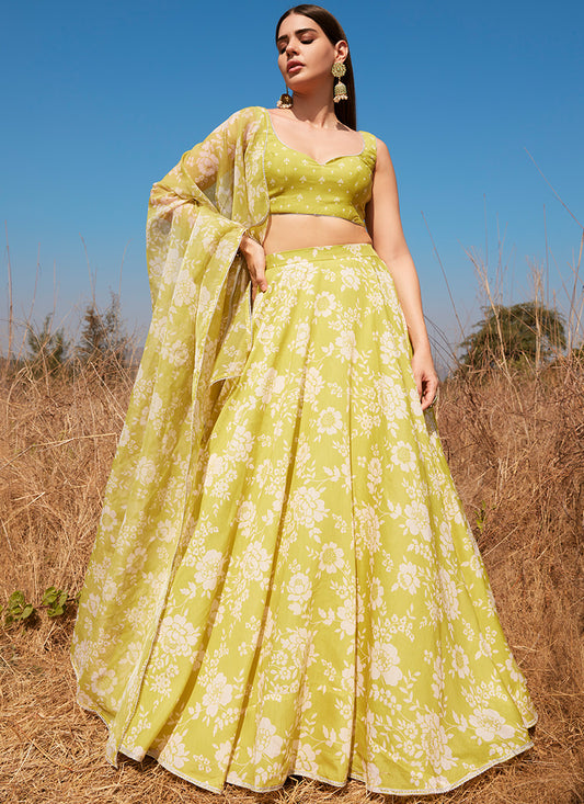 Olive Yellow Floral Chanderi Lehenga