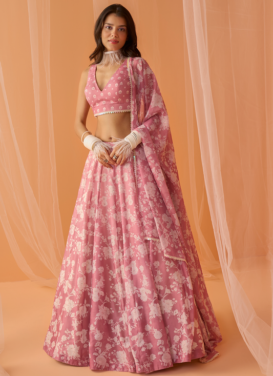 Dusty Pink White Floral Printed Lehenga