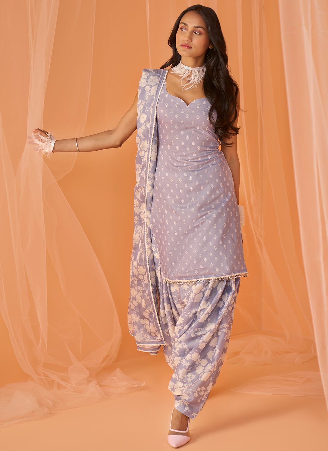 Grey White Floral Printed Punjabi Suit