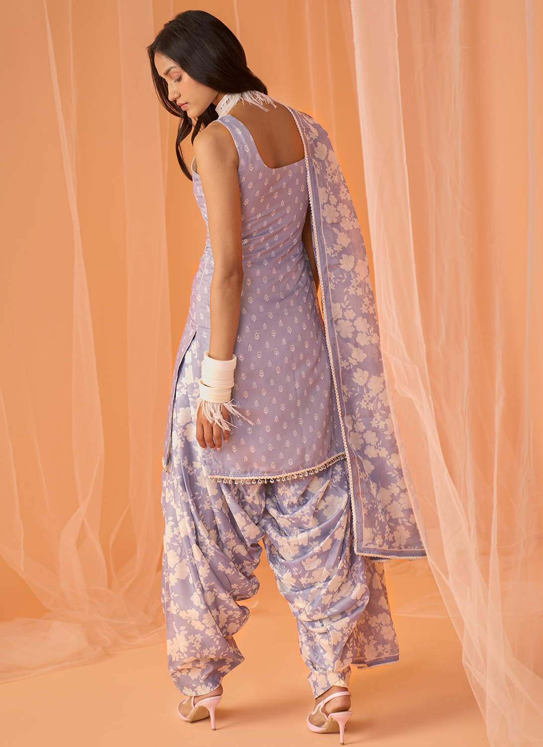 Grey White Floral Printed Punjabi Suit