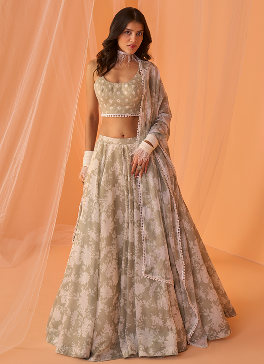 Light Sage White Floral Printed Lehenga