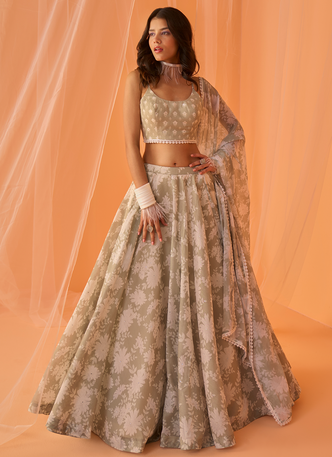 Light Sage White Floral Printed Lehenga