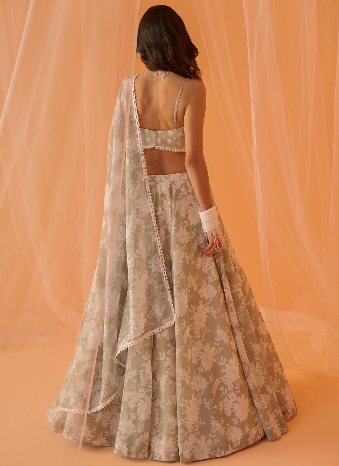 Light Sage White Floral Printed Lehenga