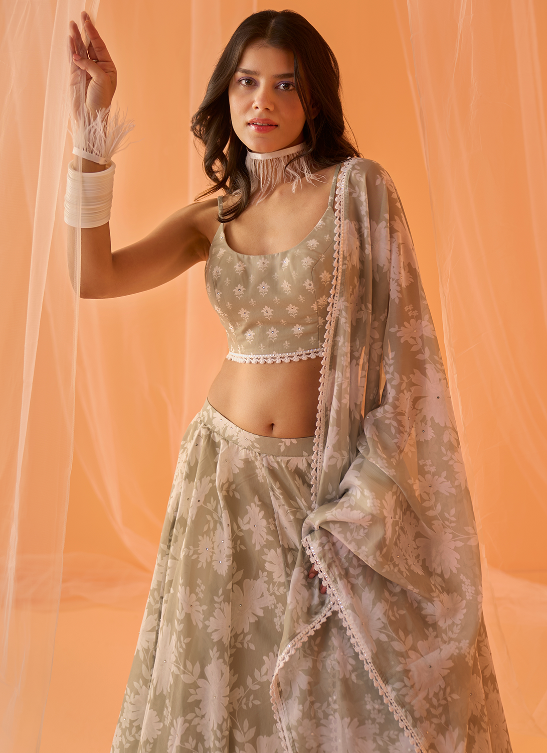 Light Sage White Floral Printed Lehenga