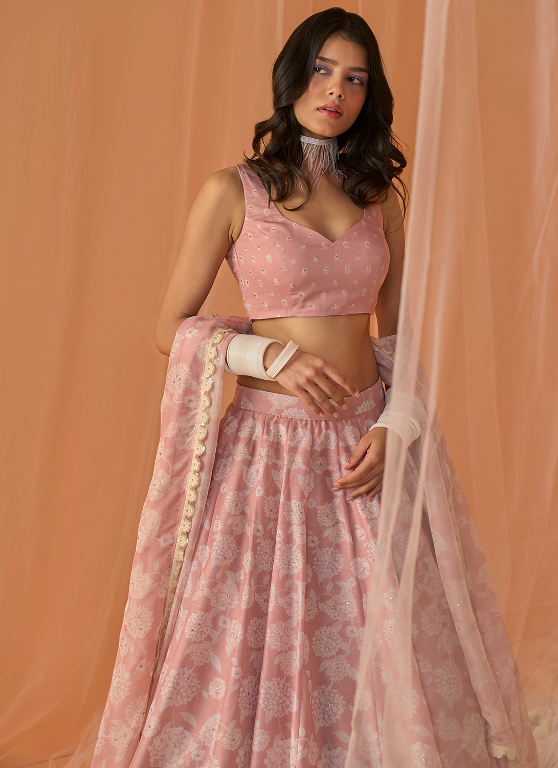 Peach White Floral Printed Lehenga