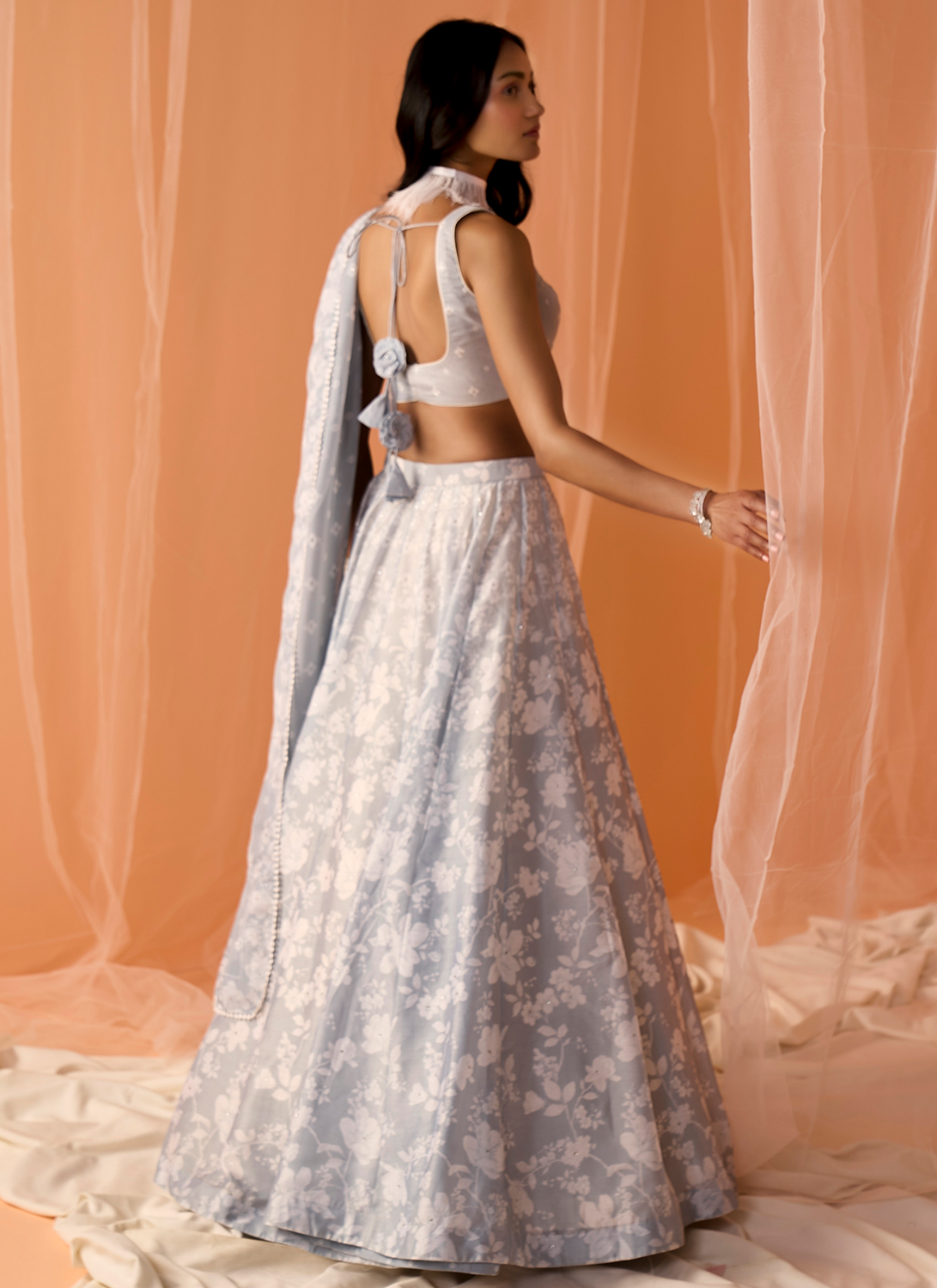 Light Grey White Floral Printed Lehenga