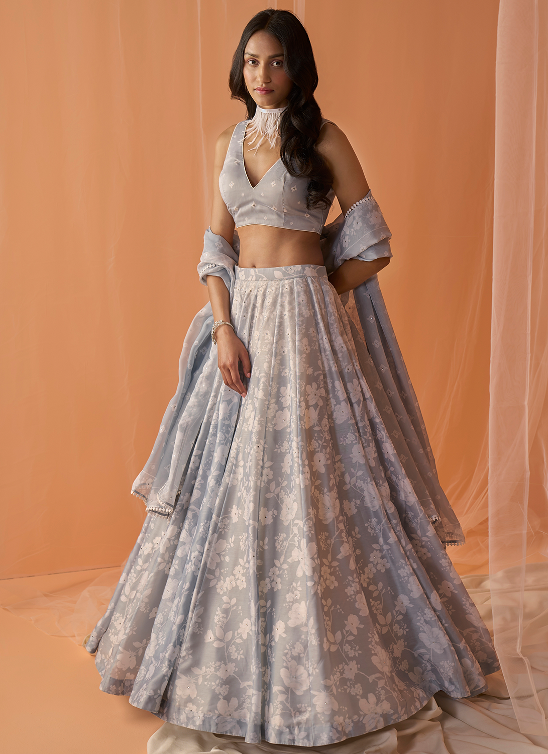 Light Grey White Floral Printed Lehenga