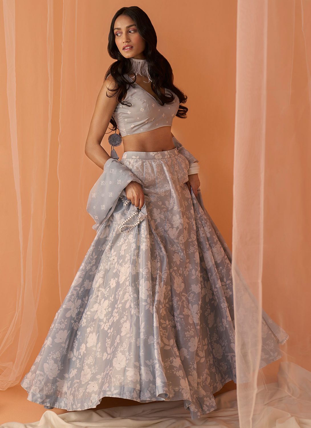 Light Grey White Floral Printed Lehenga