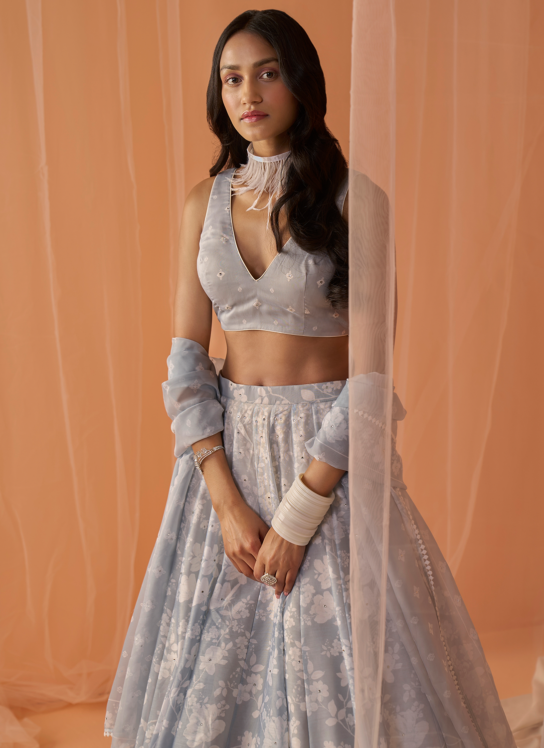 Light Grey White Floral Printed Lehenga