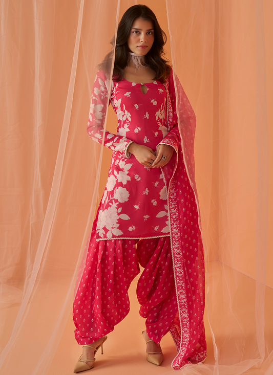 Hot Pink White Floral Printed Punjabi Suit