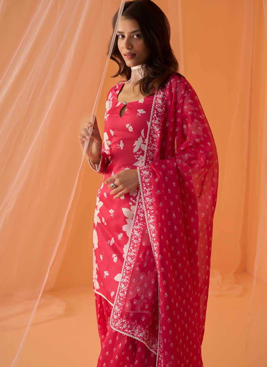 Hot Pink and White Floral Punjabi Suit