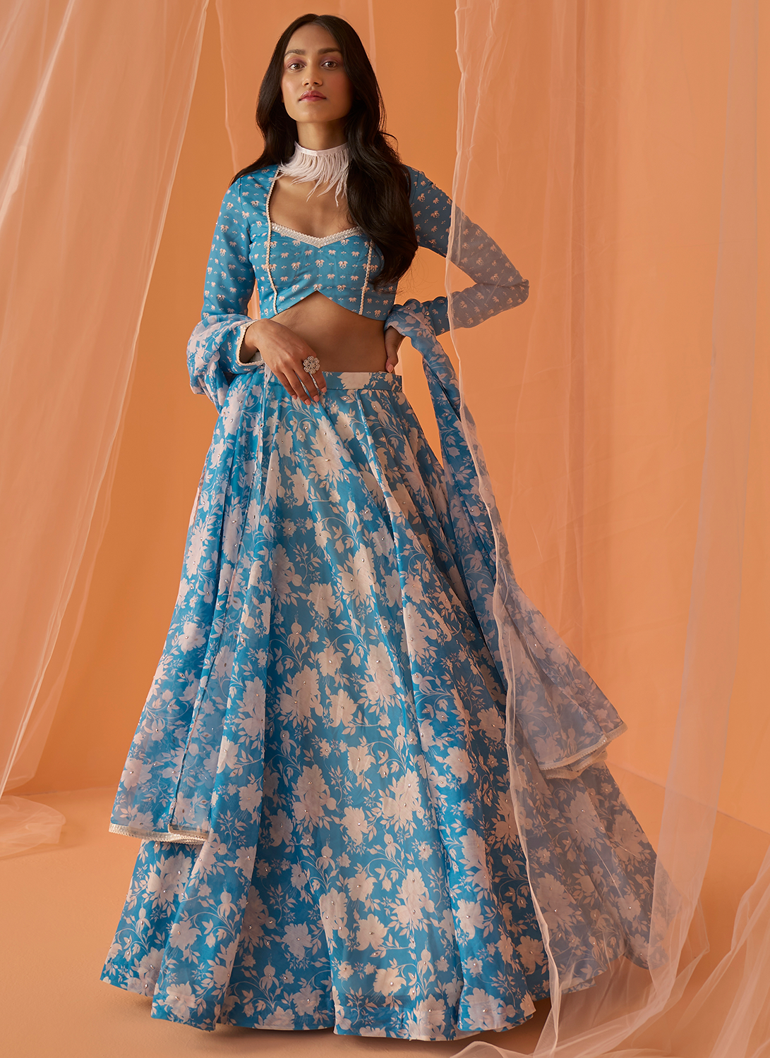 Sky Blue and White Floral Printed Lehenga