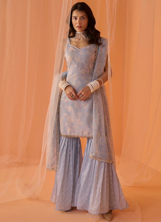 Light Blue White Floral Printed Gharara Suit