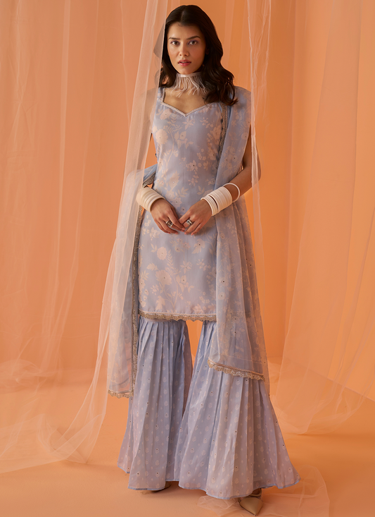 Light Blue and White Floral Printed Gharara Suit