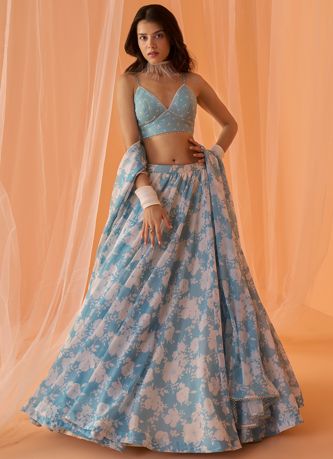 Pastel Blue White Floral Printed Lehenga