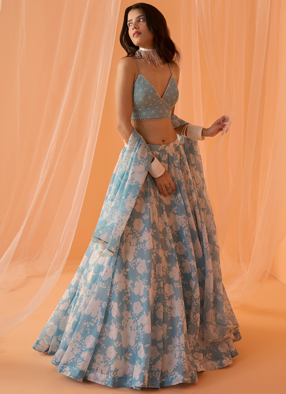 Pastel Blue White Floral Printed Lehenga