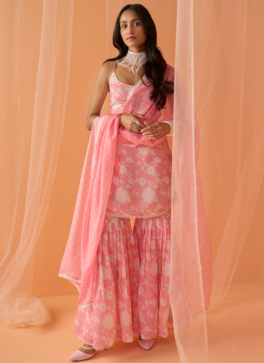Light Pink White Floral Printed Gharara Suit