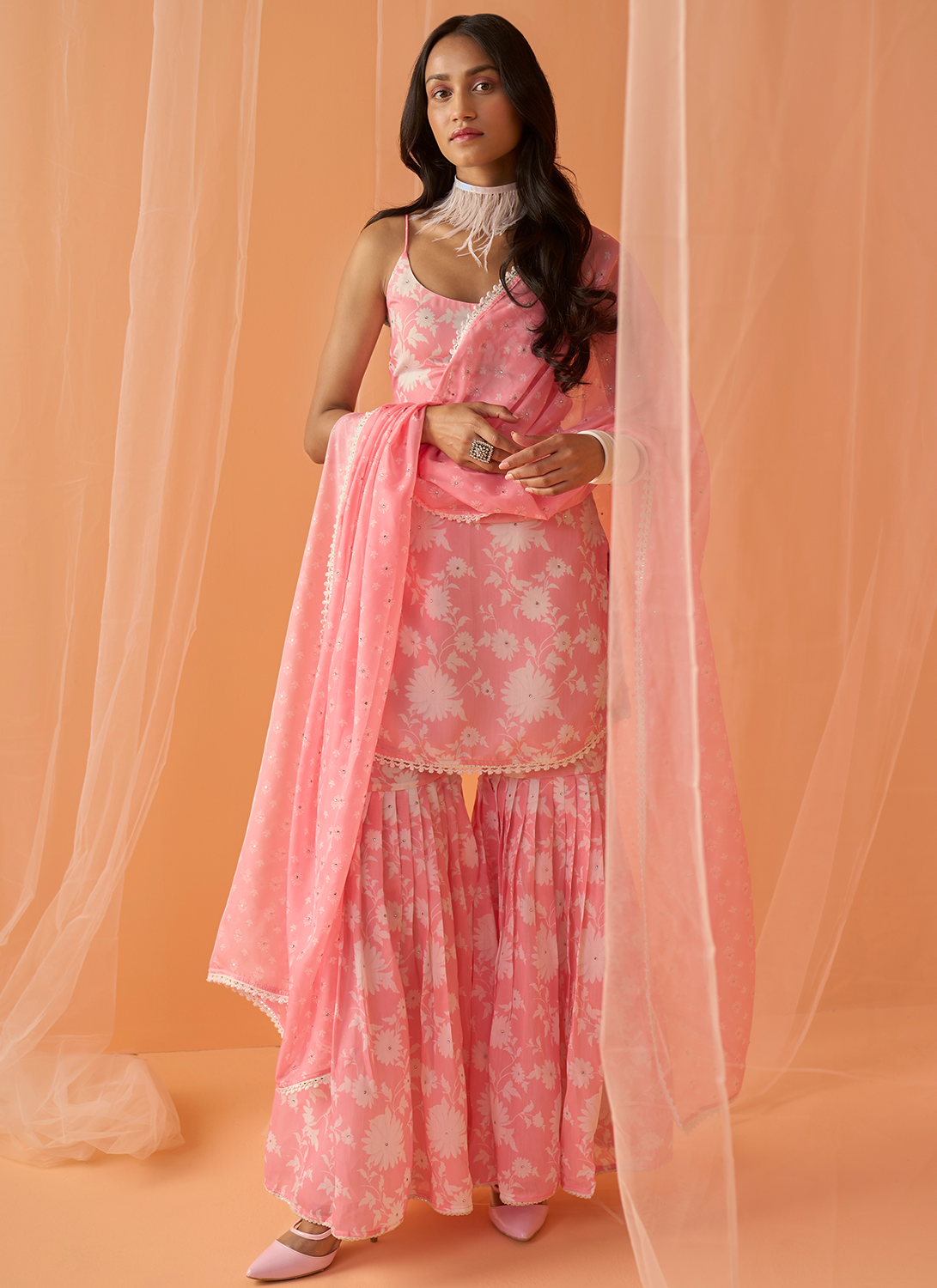 Light Pink White Floral Printed Gharara Suit