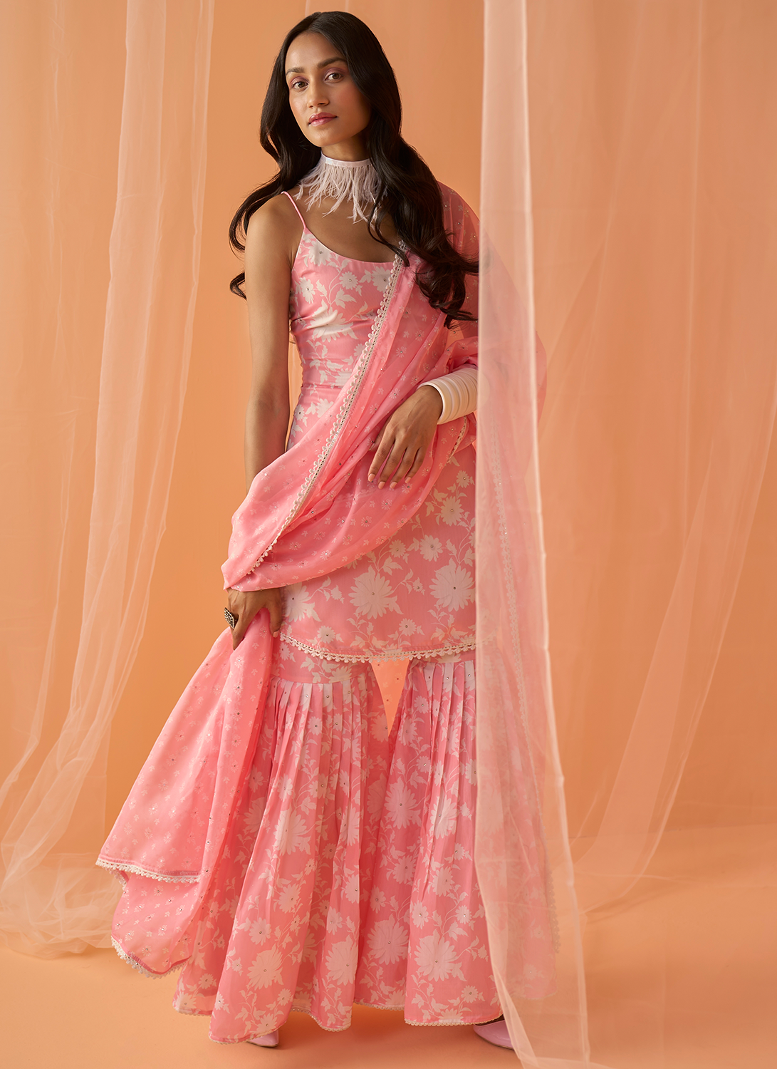 Light Pink White Floral Printed Gharara Suit