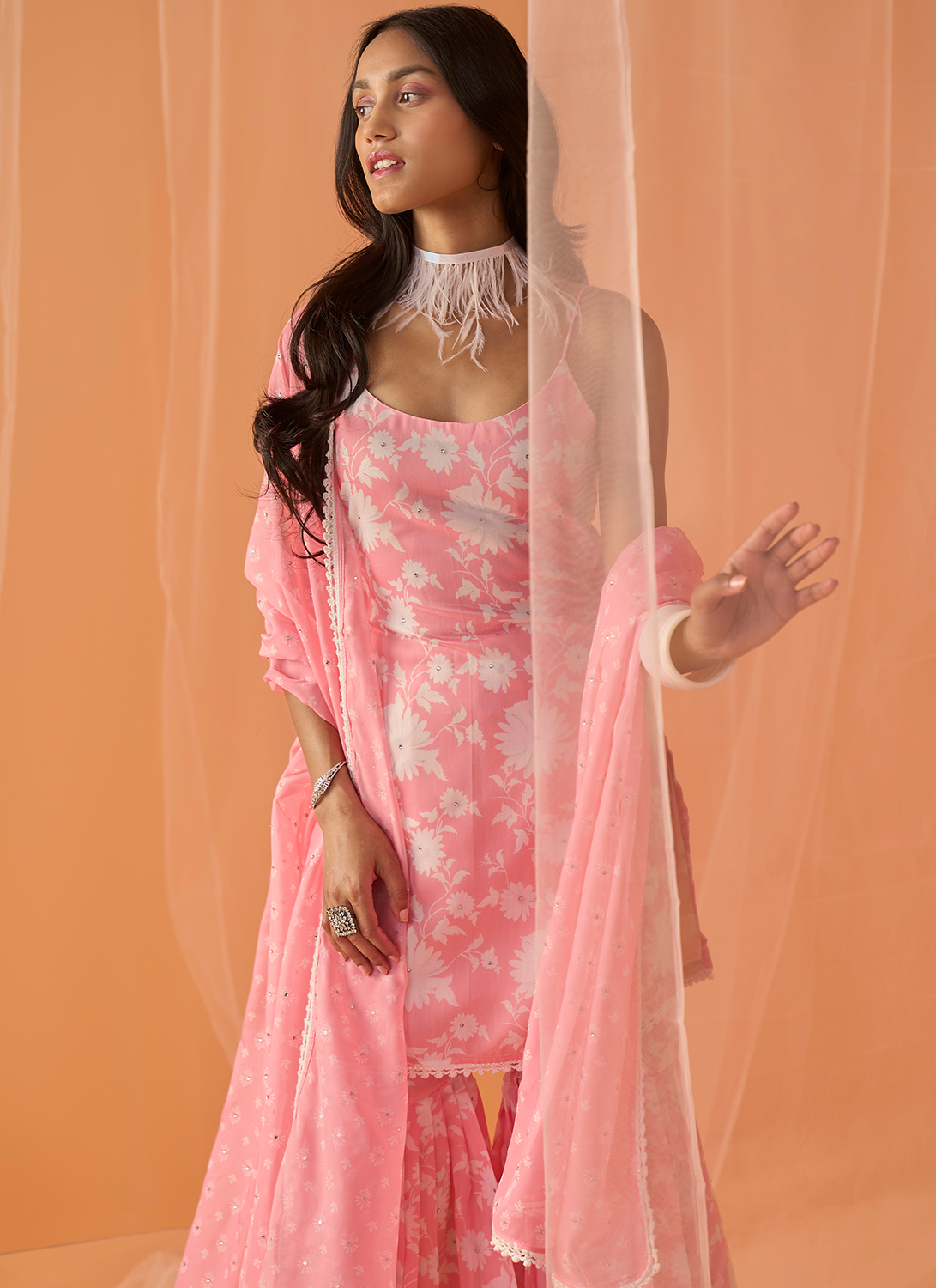 Light Pink White Floral Printed Gharara Suit