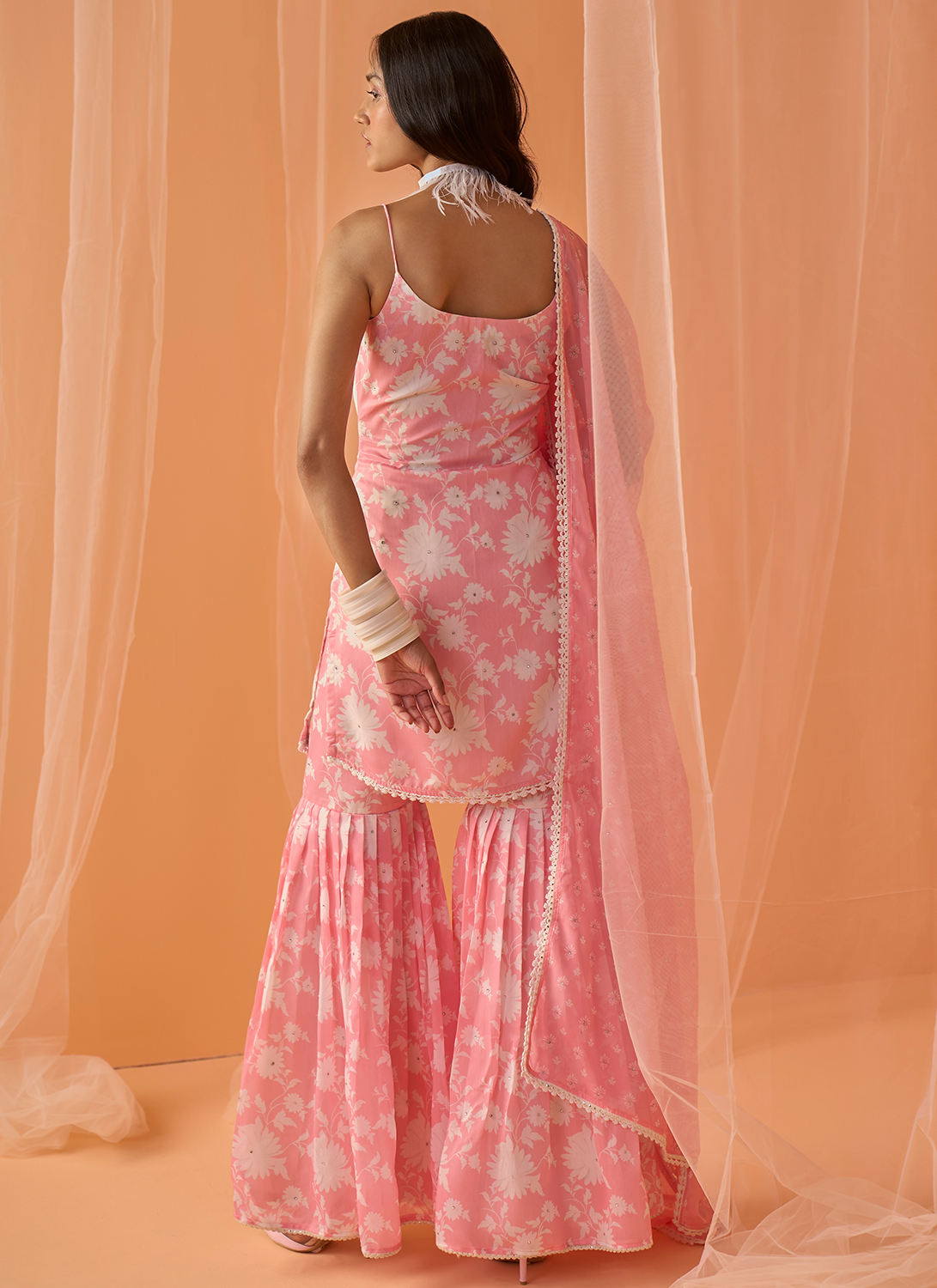 Light Pink White Floral Printed Gharara Suit