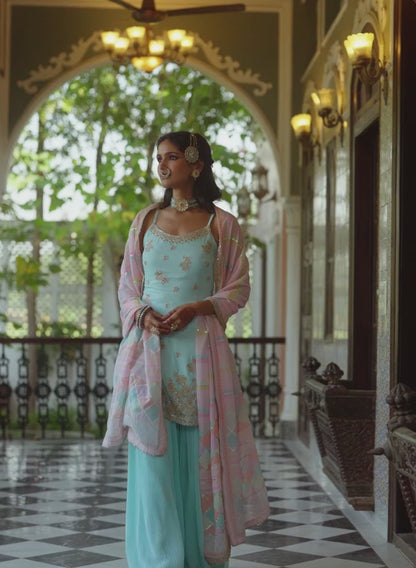 Light Blue Embroidered Sharara Suit