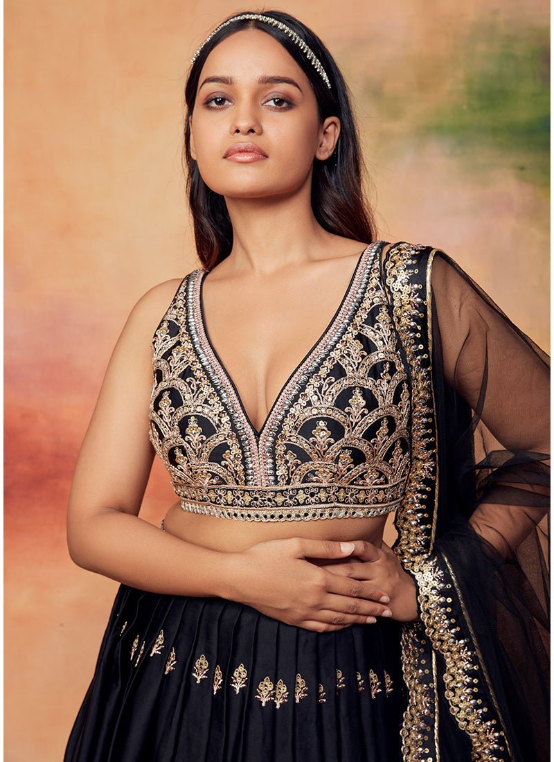 Black and Gold Embroidered Satin Lehenga - Lashkaraa