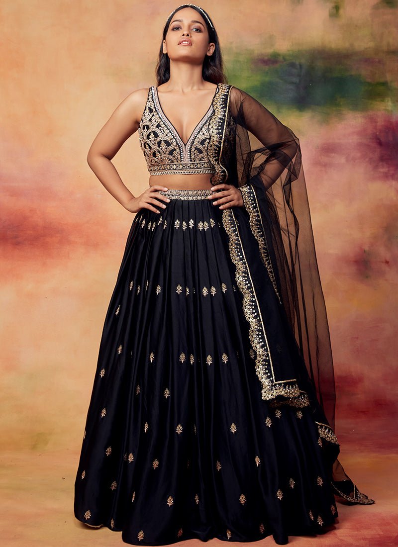 Black and Gold Embroidered Satin Lehenga - Lashkaraa