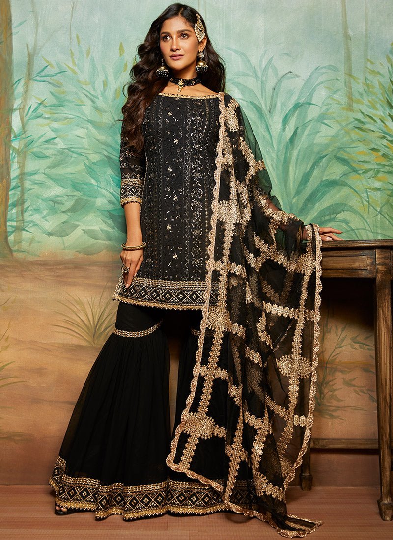 Black and Gold Thread Embroidered Gharara Suit - Lashkaraa
